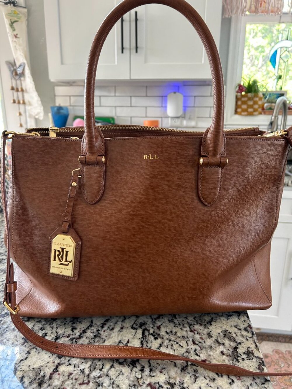 Lauren Ralph Lauren Brown Saffiano Leather Zip Satchel Tote Crossbody